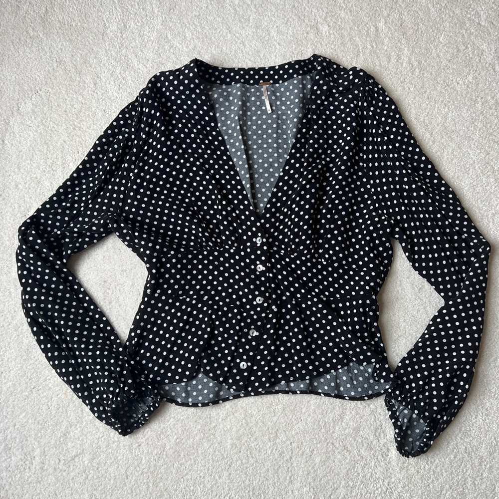 Free People Black Polka Dot Button-Front Blouse